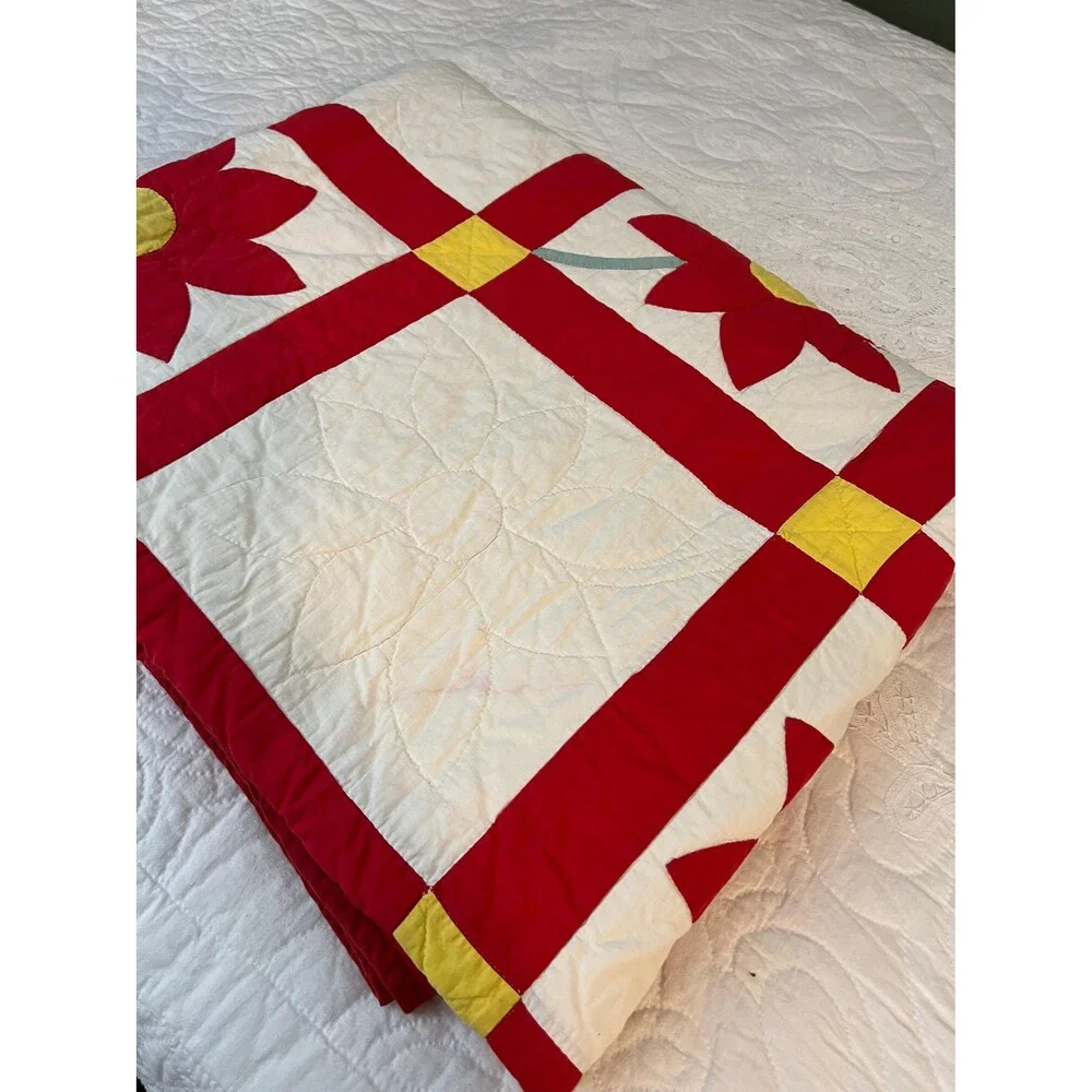 Vintage Red and White Sunflower Quilt